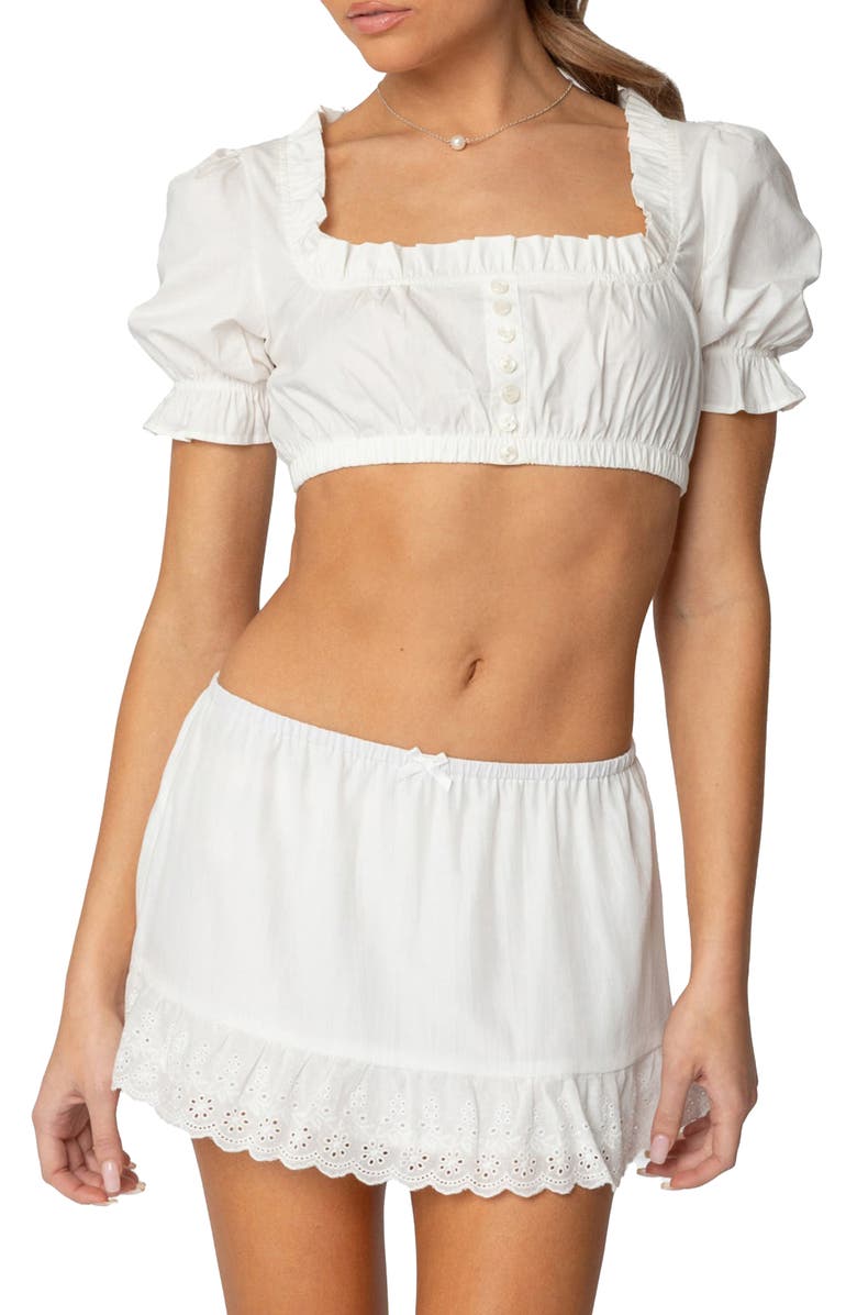 EDIKTED Lenora Puff Sleeve Crop Stretch Cotton Top, Main, color, White