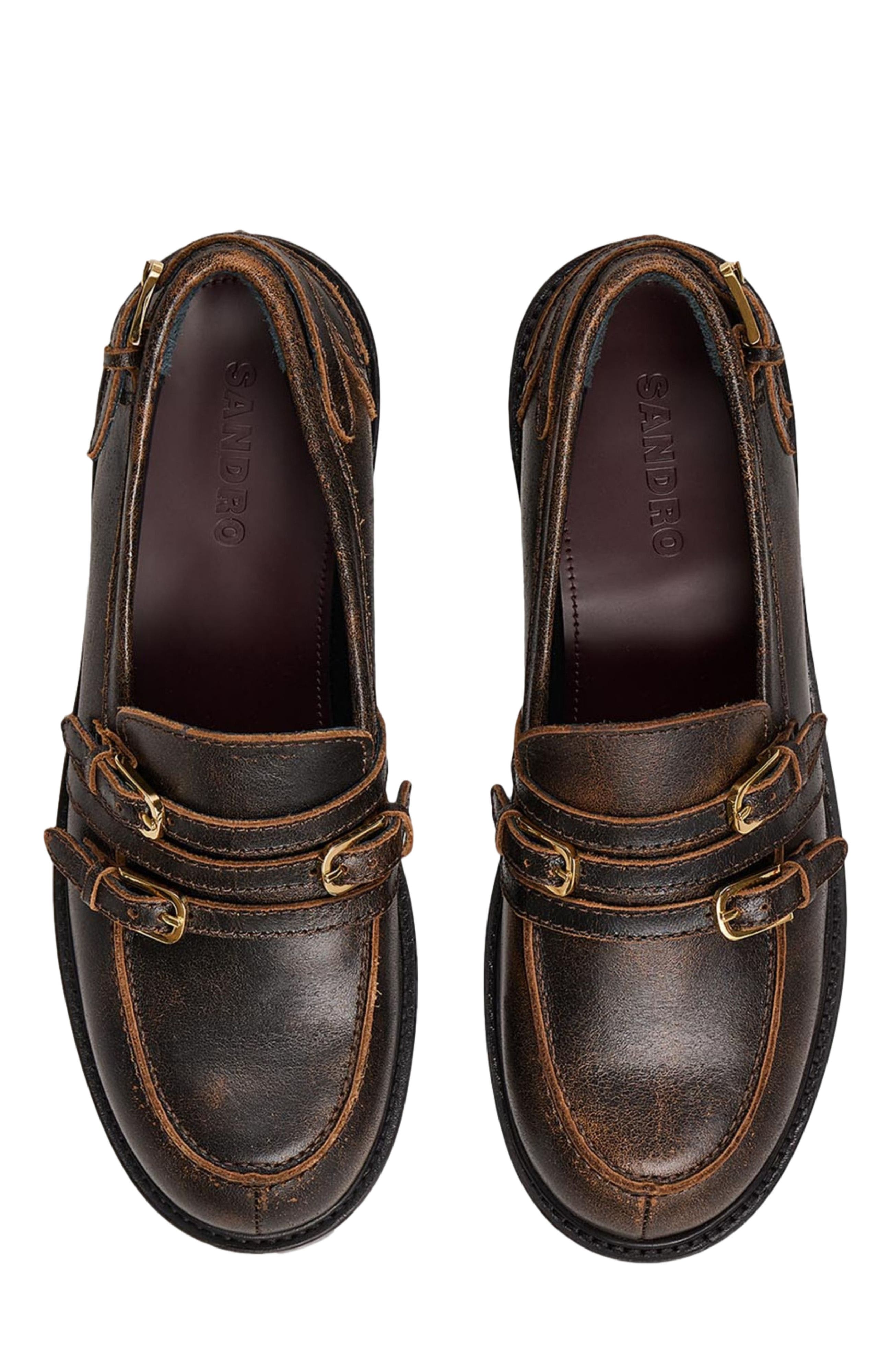 SANDRO Distressed leather loafers, Alternate, color, 