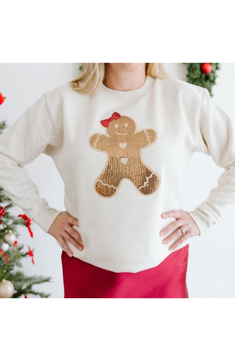 Sweet Wink Gingerbread Sequin Patch Christmas Women's Sweatshirt, Alternate, color, Natural