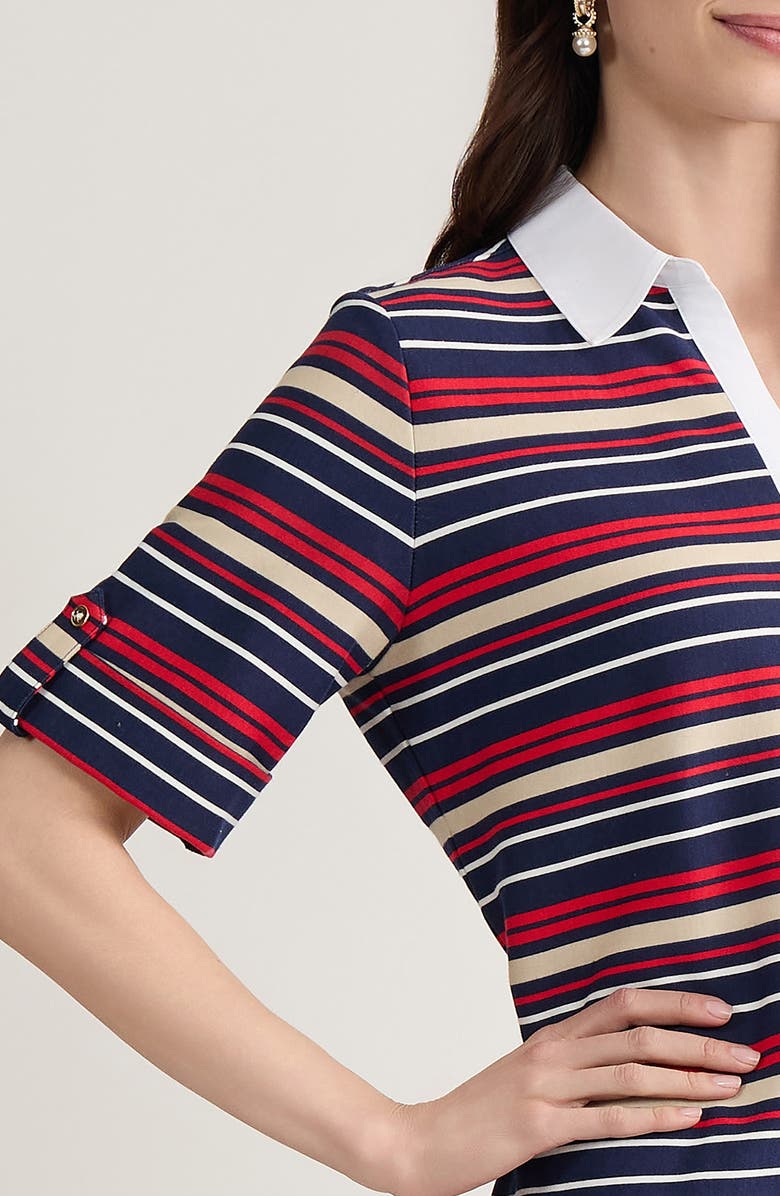 Jones New York Stripe Roll Tab Cuff Polo, Alternate, color, Pacific Navy Multi