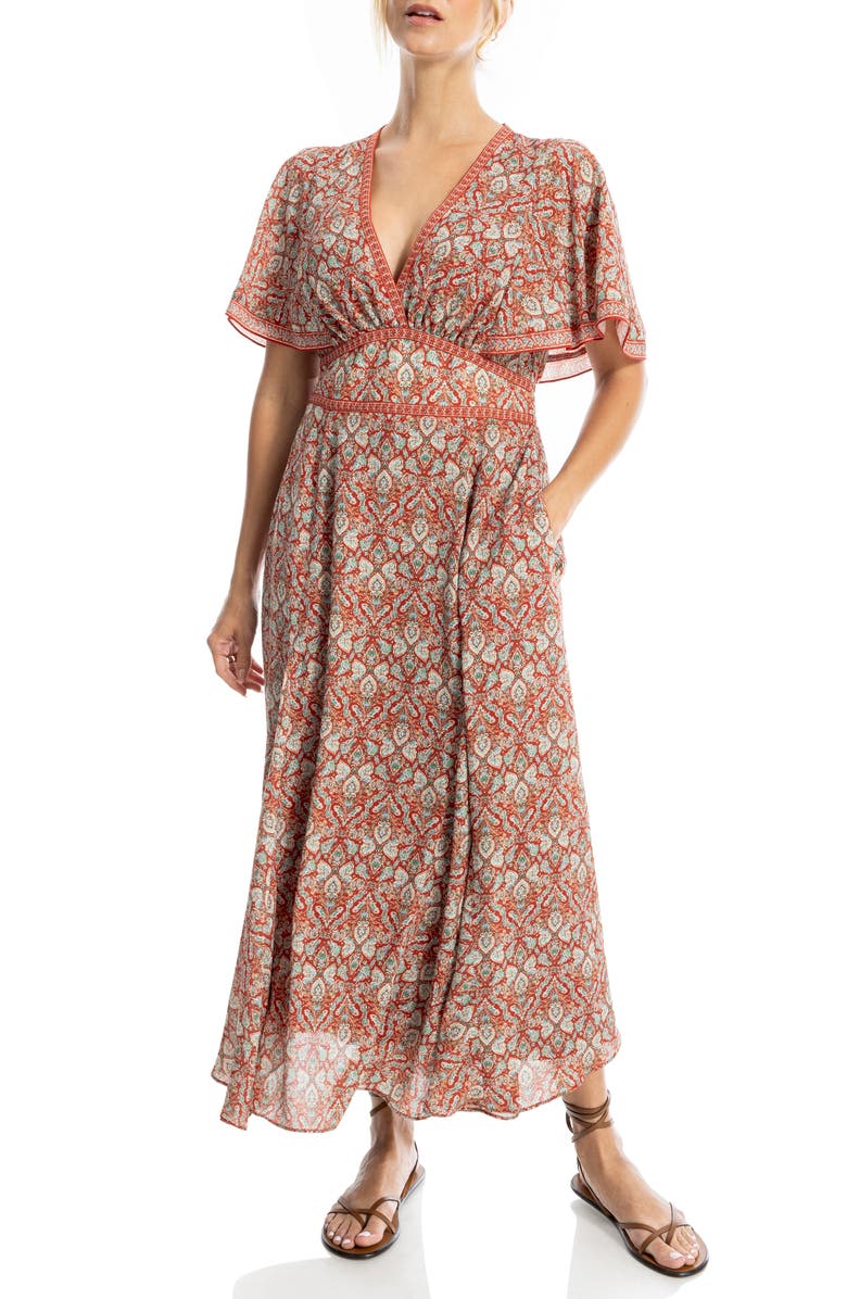 MAX STUDIO Flutter Sleeve Empire Waist Maxi Dress, Main, color, Terra/ Sage Intricate Paisley