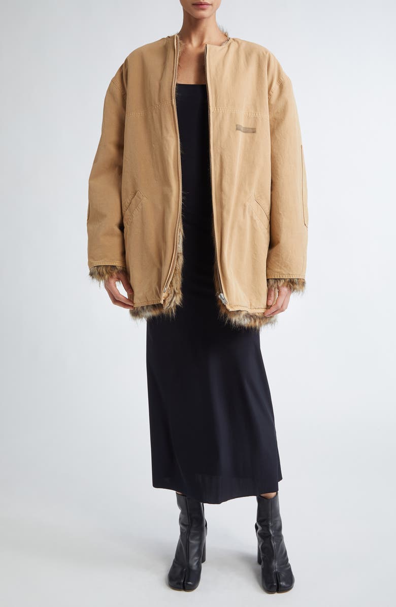 MM6 Maison Margiela Reversible Cotton Gabardine & Faux Fur Jacket, Alternate, color, Ocre