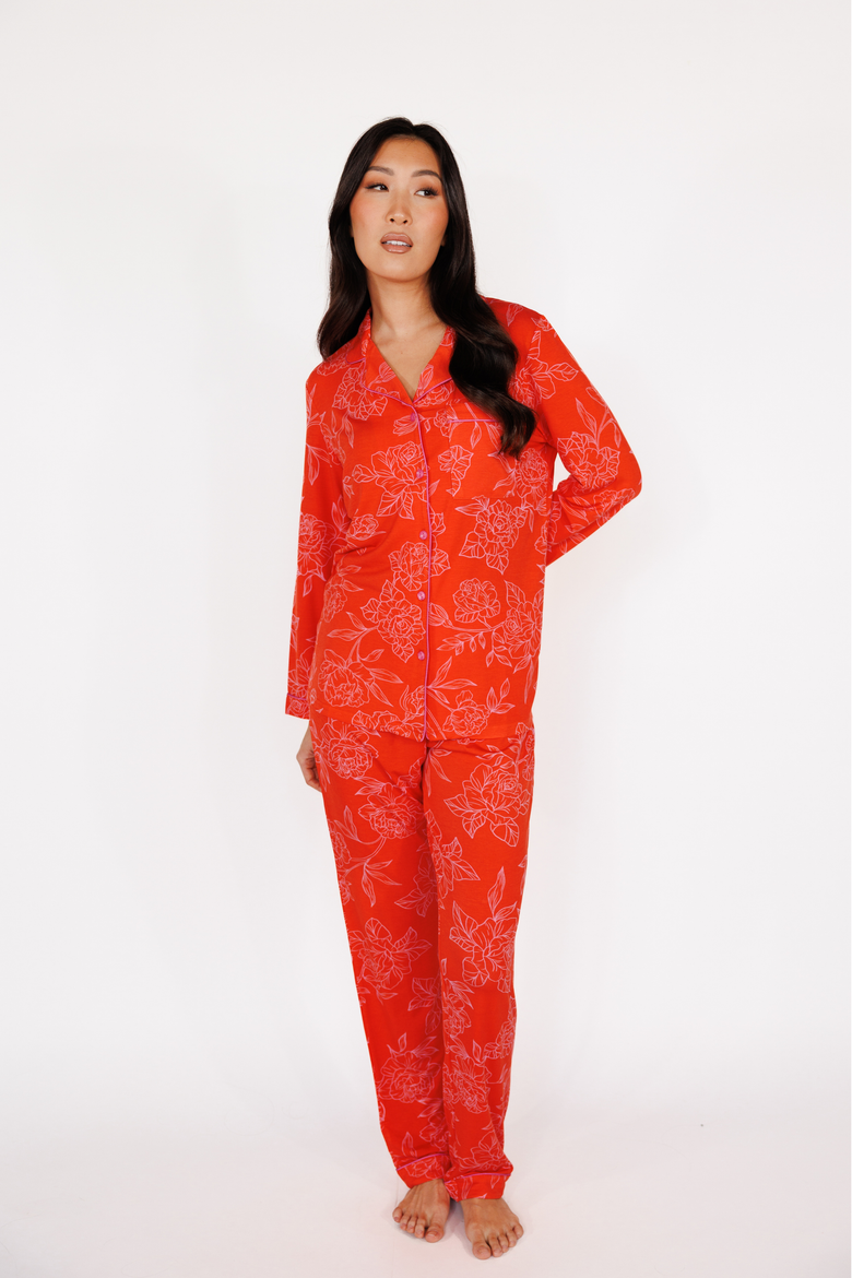 Long Sleeve & Pant Pajama Set, Alternate, color, Florals in Poppy Red