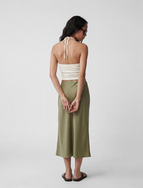 Elastic Waist Satin Midi Skirt