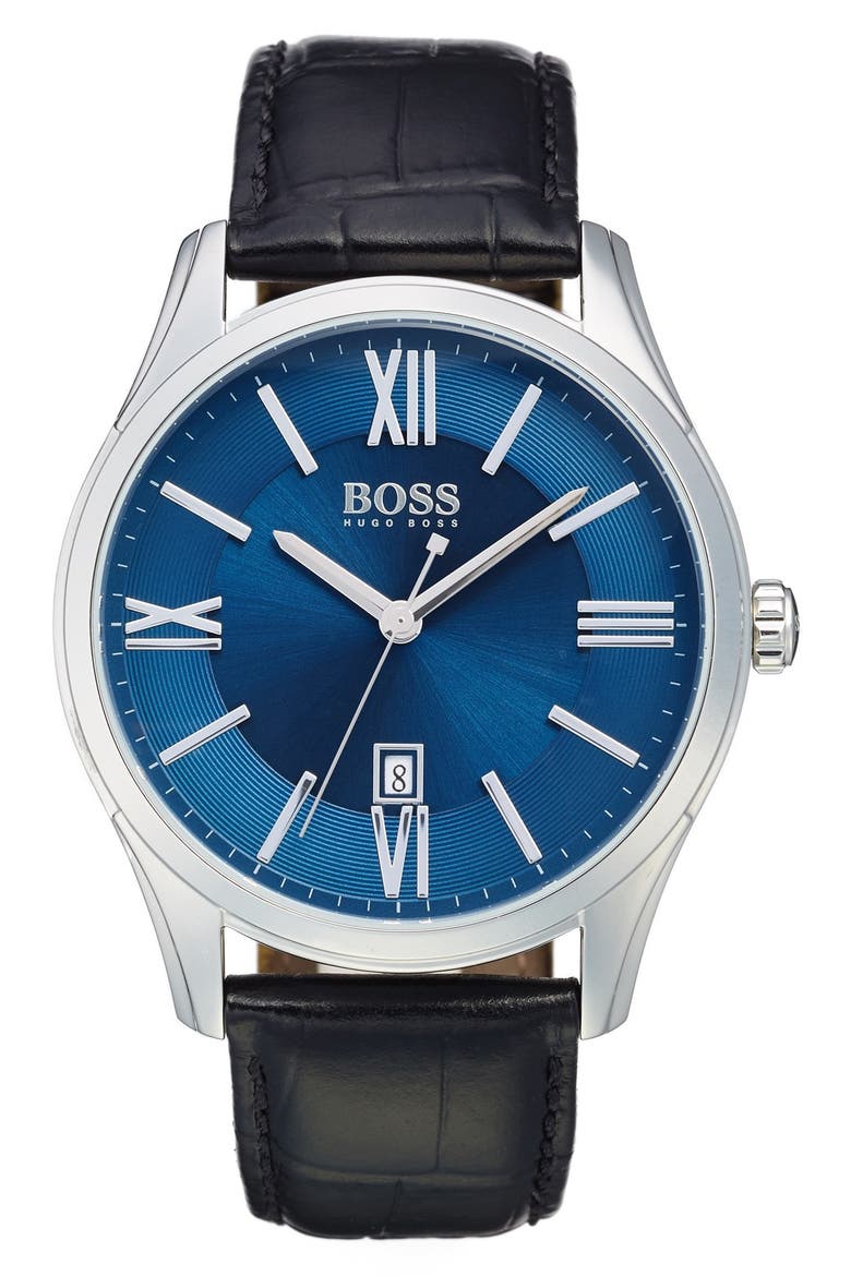 'Ambassador' Embossed Leather Strap Watch, 43mm, Main, color, BLUE DIAL