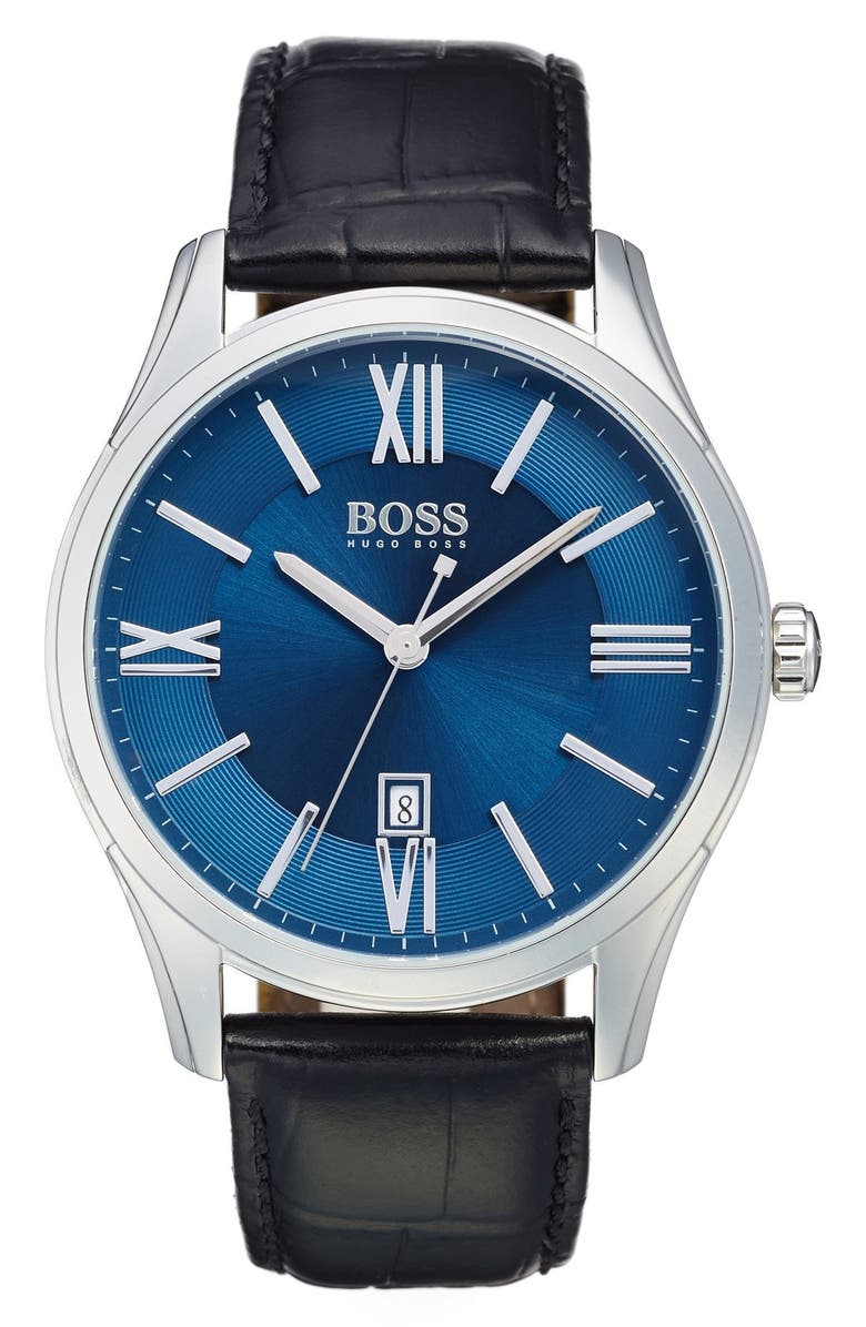 BOSS 'Ambassador' Embossed Leather Strap Watch, 43mm, Main, color, Blue Dial