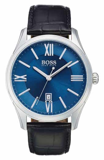 BOSS 'Ambassador' Embossed Leather Strap Watch, 43mm