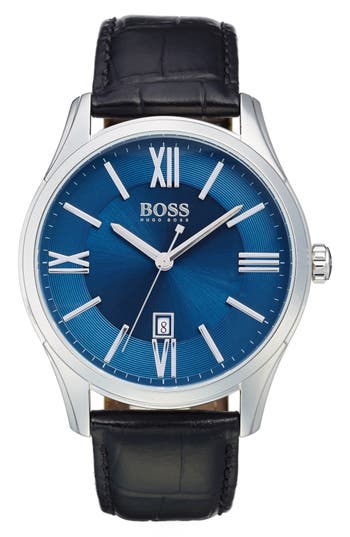 Hugo Boss 'ambassador' Embossed Leather Strap Watch, 43mm In Blue