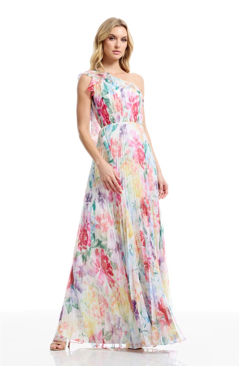 Dress the Population Leandra One-Shoulder Chiffon Gown, Alternate, color, Ivory Multi