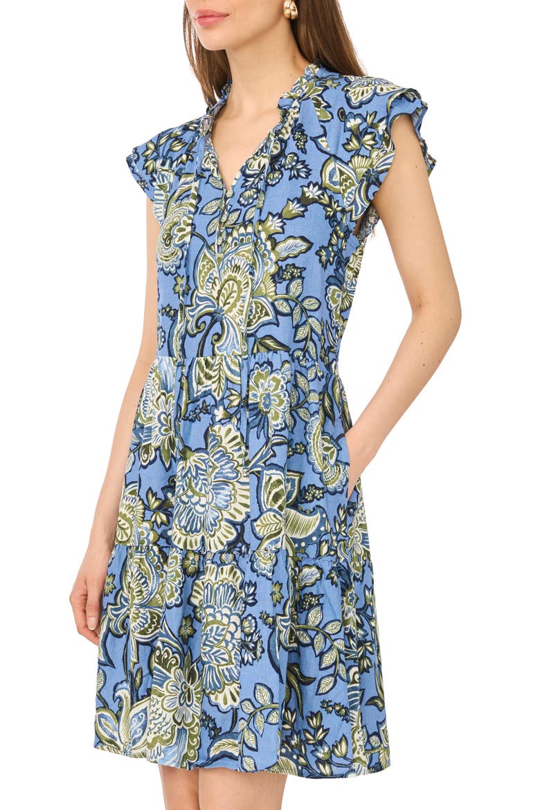 Floral Cap Sleeve Tiered Dress, Alternate, color, BLUE MULTI