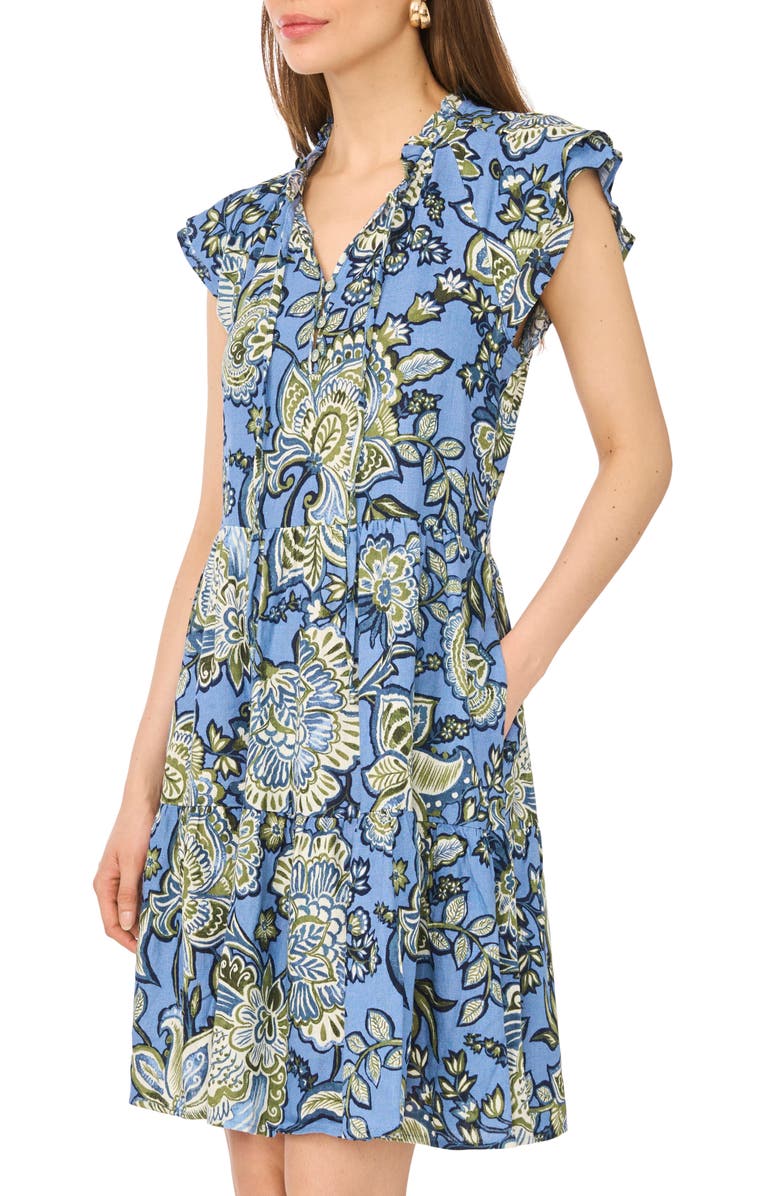Halogen<sup>®</sup> Floral Cap Sleeve Tiered Dress, Alternate, color, Blue Multi