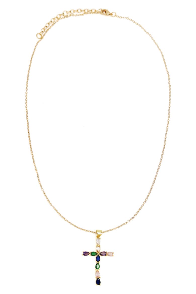 Elizabeth Crystal Cross Pendant Necklace, Main, color, GOLD
