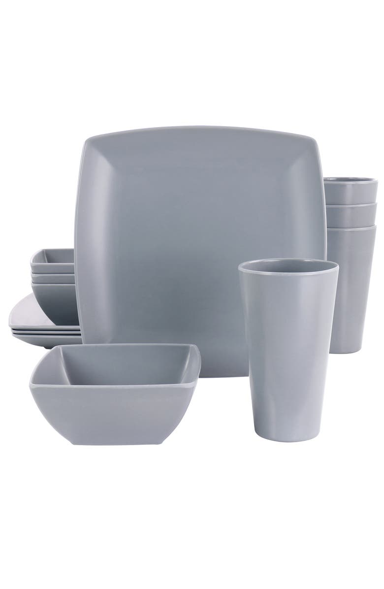 Gibson Home 12 Piece Grayson Melamine Square Dinnerware Set, Main, color, Grey