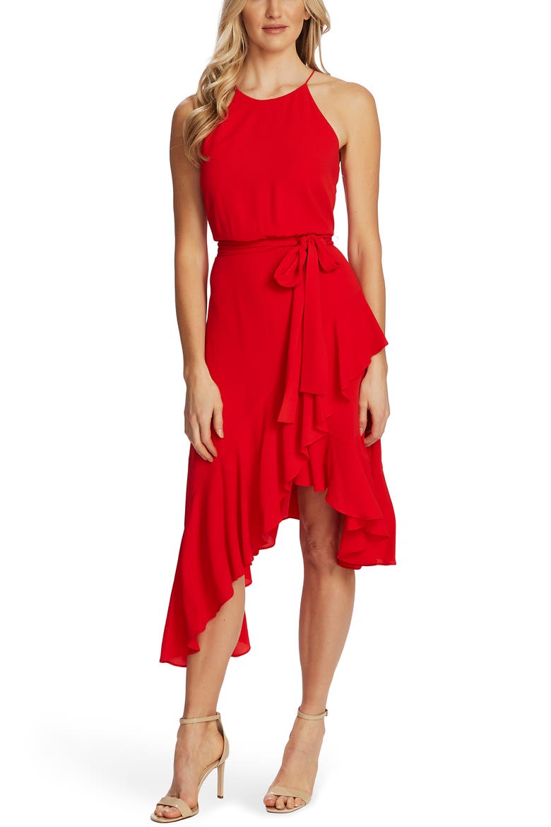 Cascading Ruffle Halter Neck Dress, Main, color, CHERRY ROSE