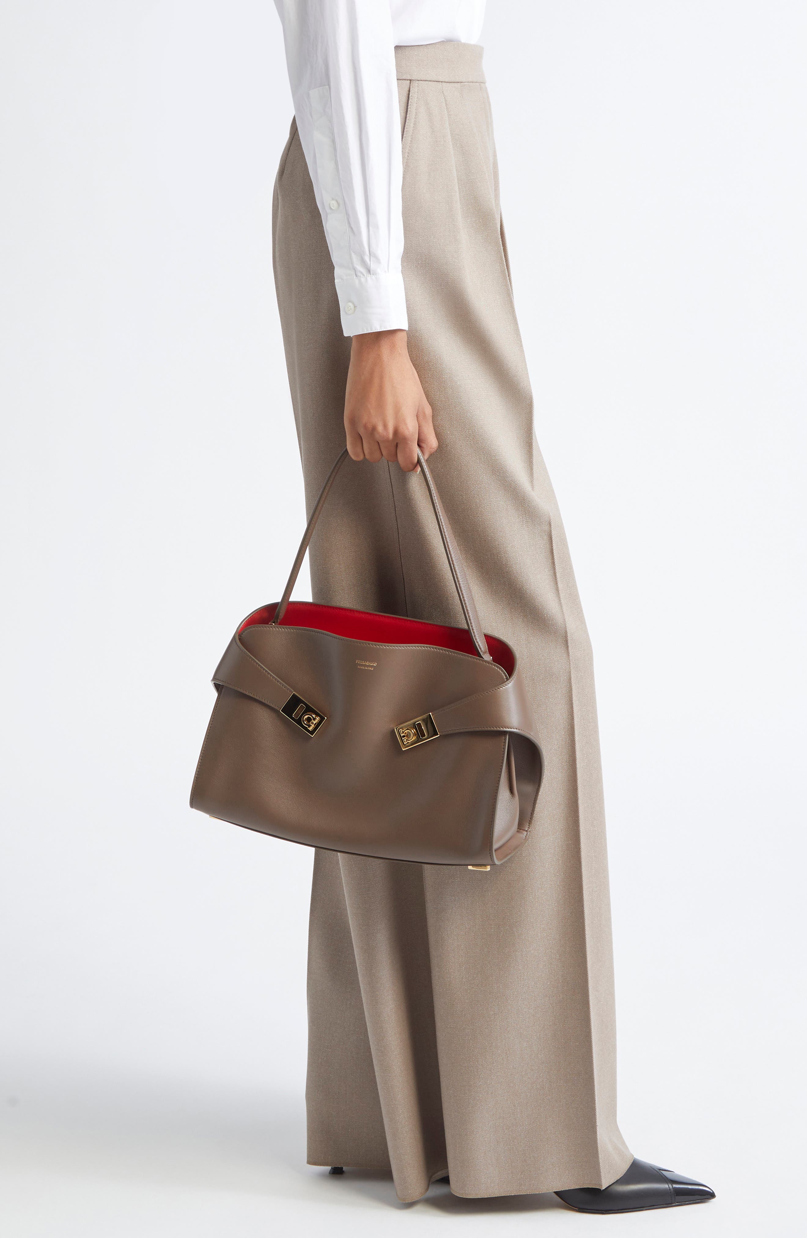 Small Hug Leather Top Handle Bag, Alternate, color, CLAY/ FLAME RED