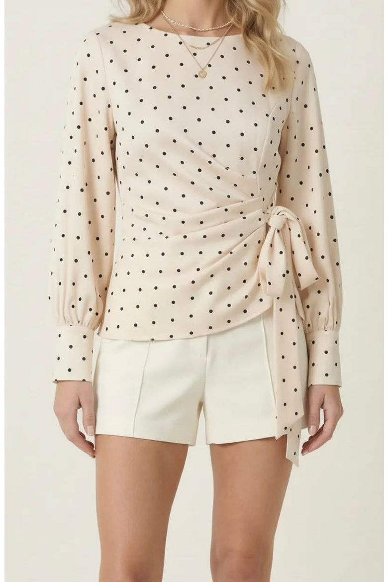 Polka Dot Wrap Top, Main, color, Beige With Black Polka Dots