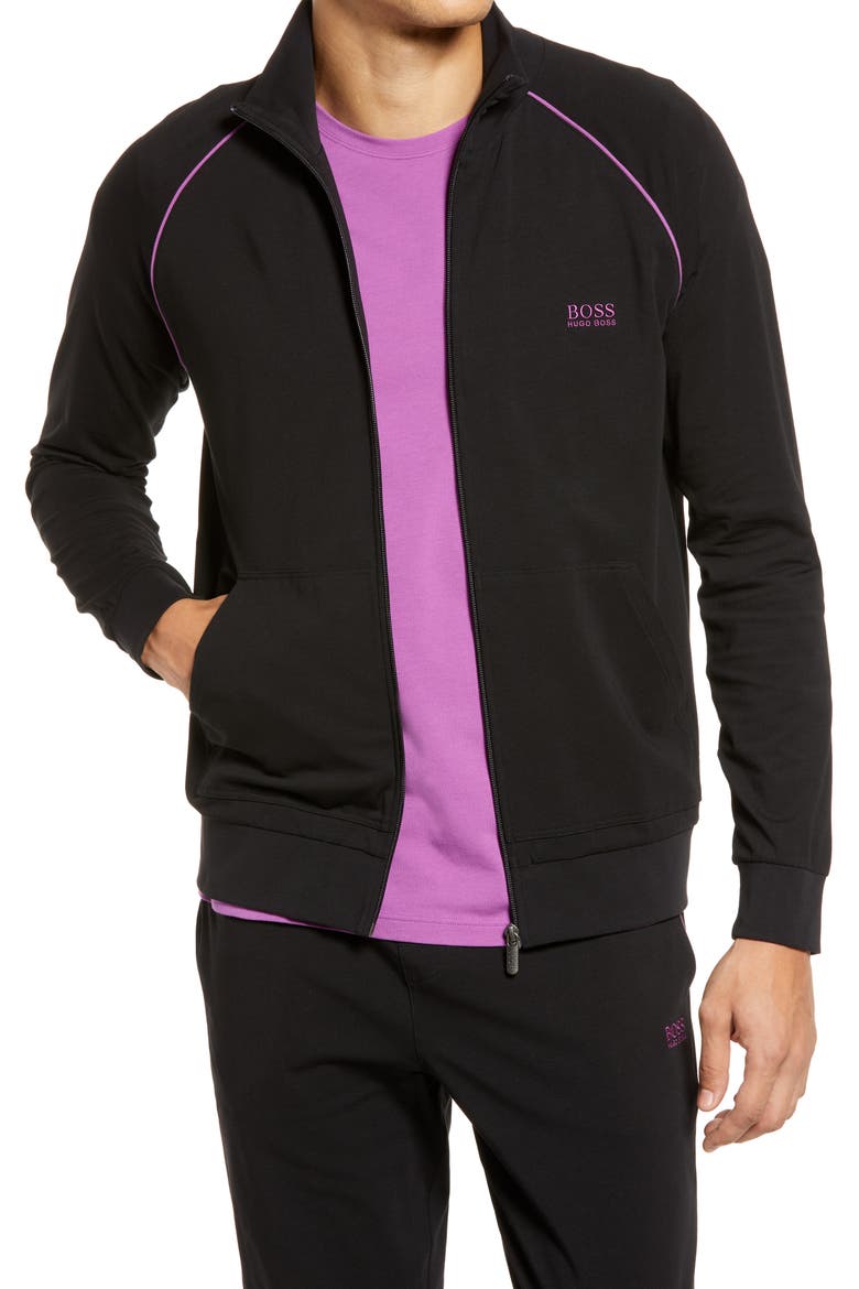 HUGO BOSS Zip Front Stretch Cotton Sweatshirt, Main, color, BLACK