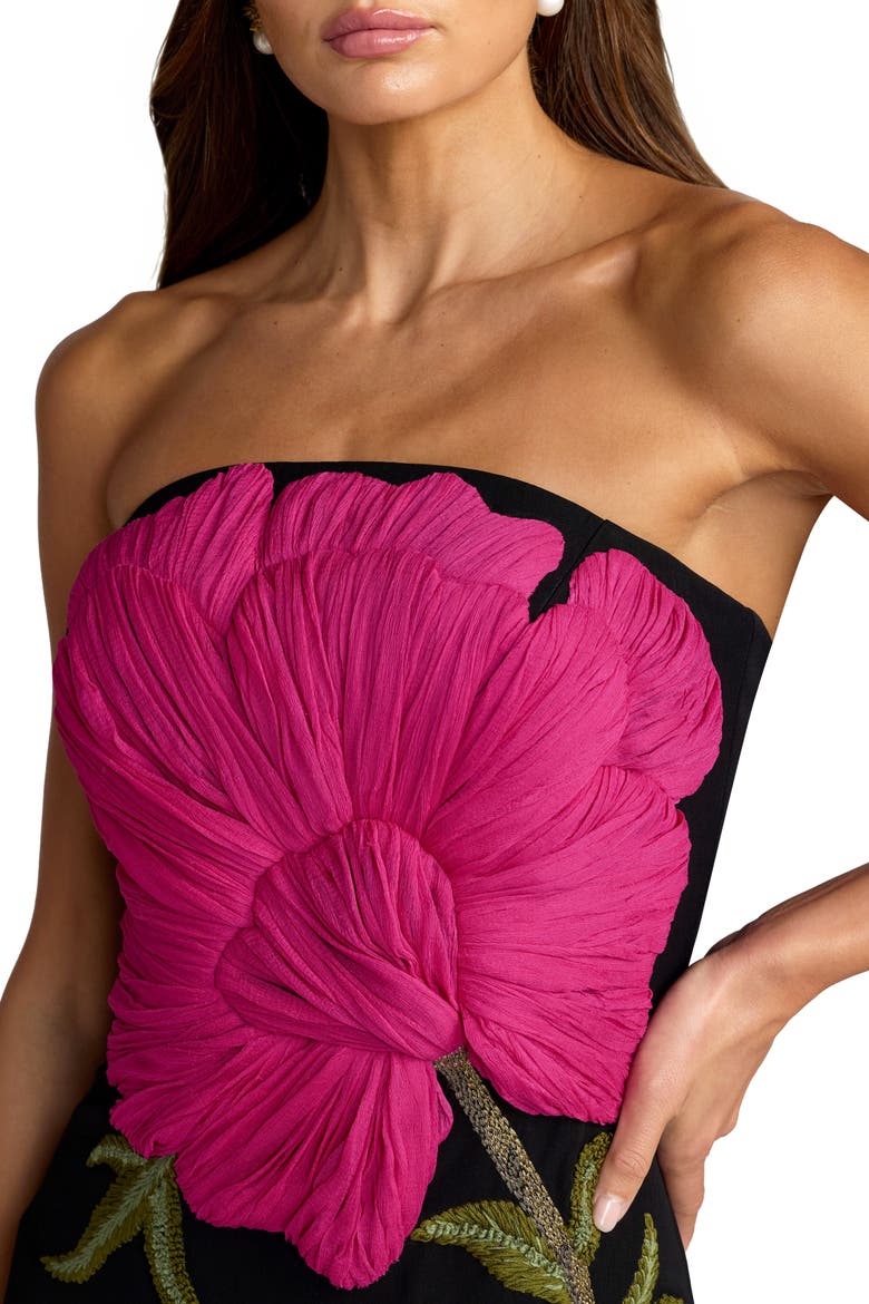 Strapless Floral Embroidered Midi Dress, Alternate, color, Black Multi
