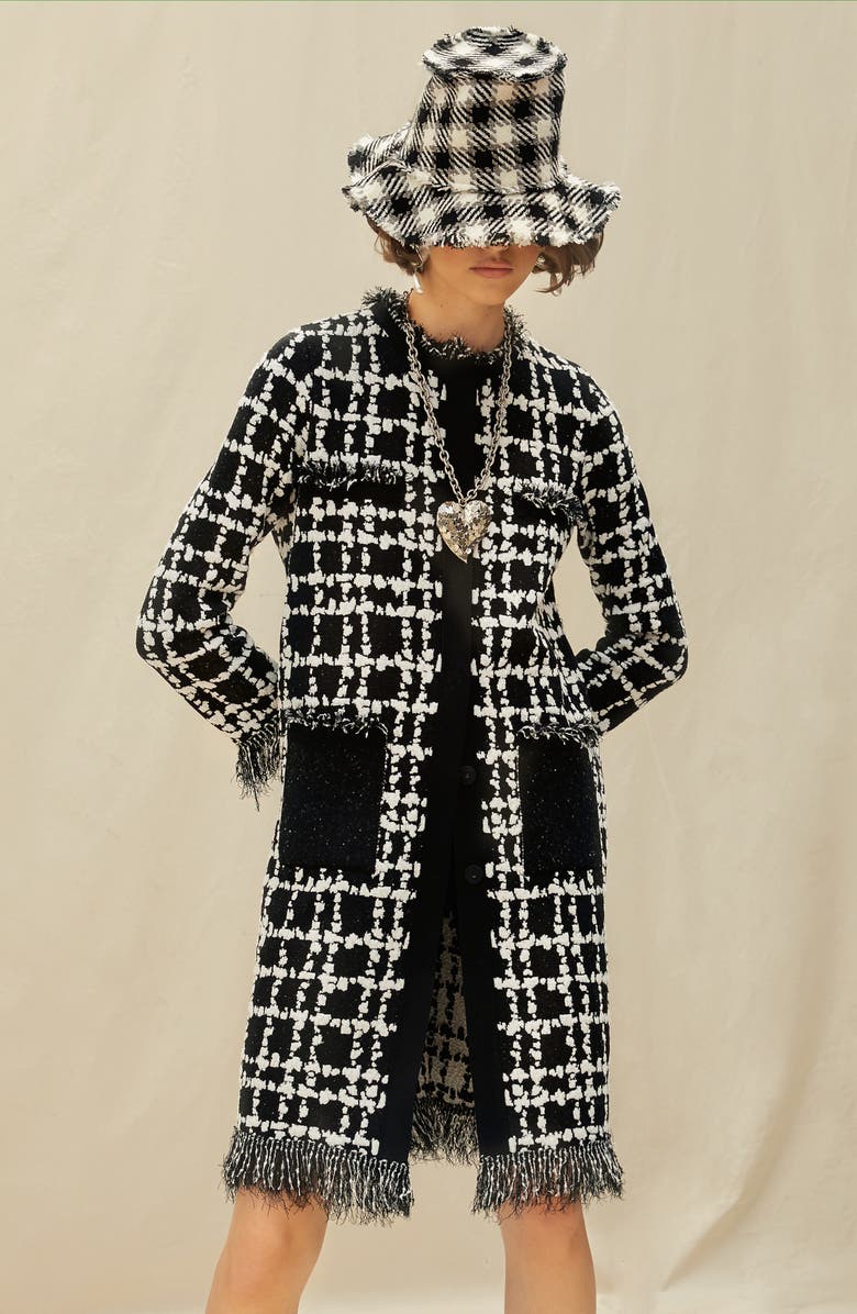 Oscar de la Renta Fringe Edge Plaid Knit Coat, Alternate, color, 