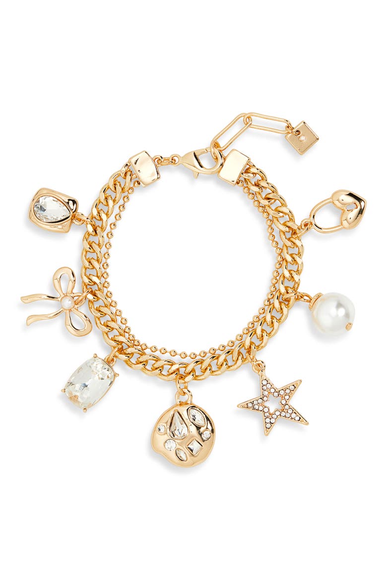 Cultured Pearl & Crystal Charm Bracelet, Main, color, CLEAR- WHITE- GOLD
