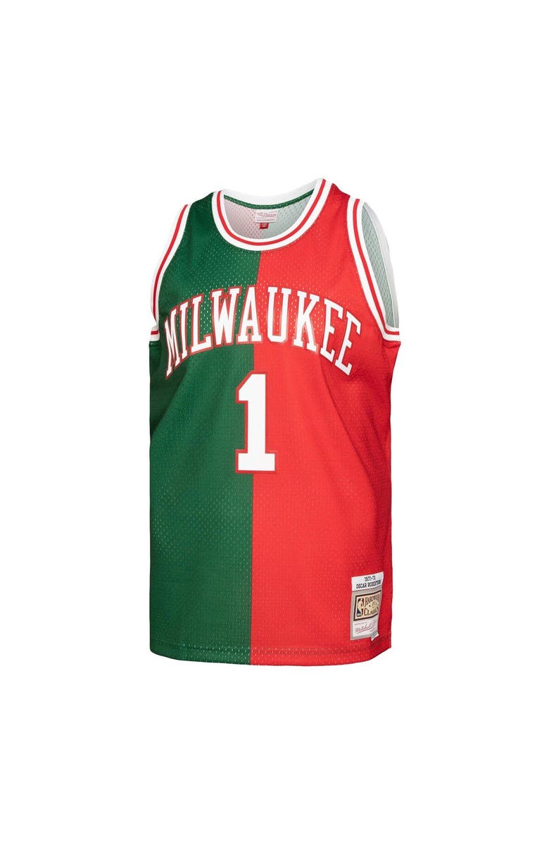 Mitchell & Ness Men's Mitchell & Ness Oscar Robertson Green/Red Milwaukee Bucks Hardwood Classics 1971/72 Split Swingman Jersey, Alternate, color, 