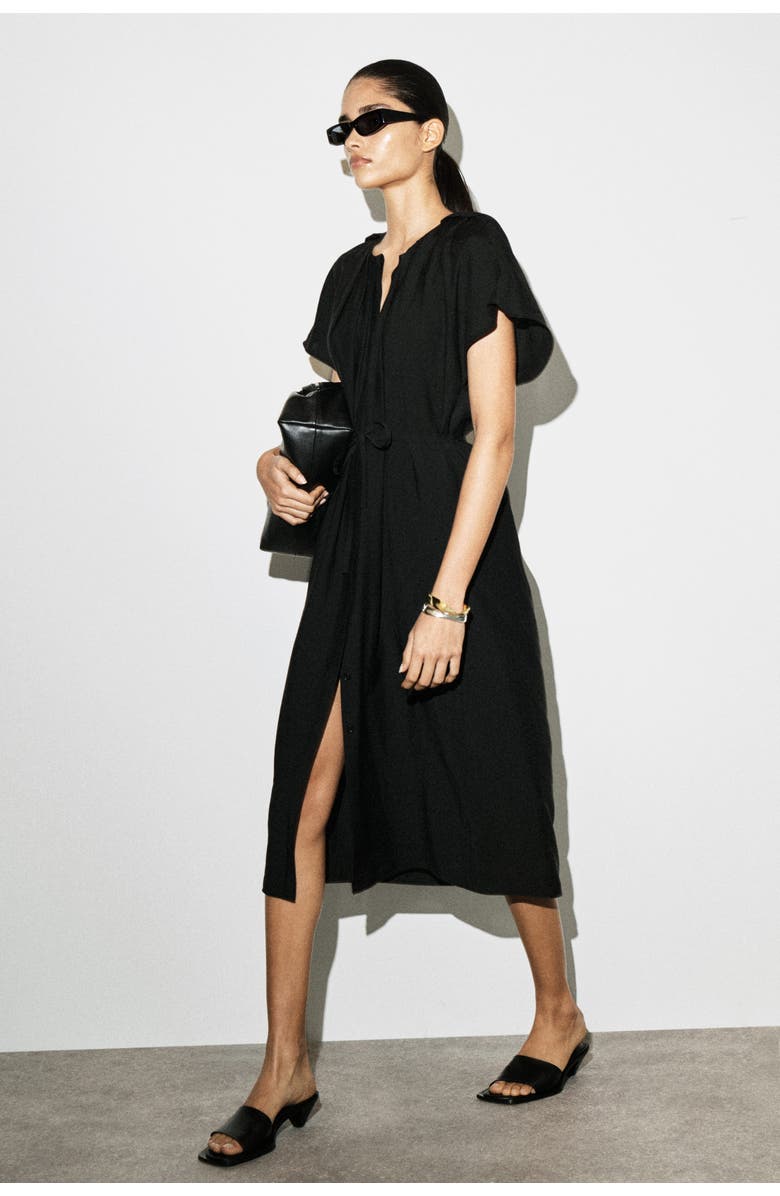 COS Pleated Belted Midi Dress, Alternate, color, Black