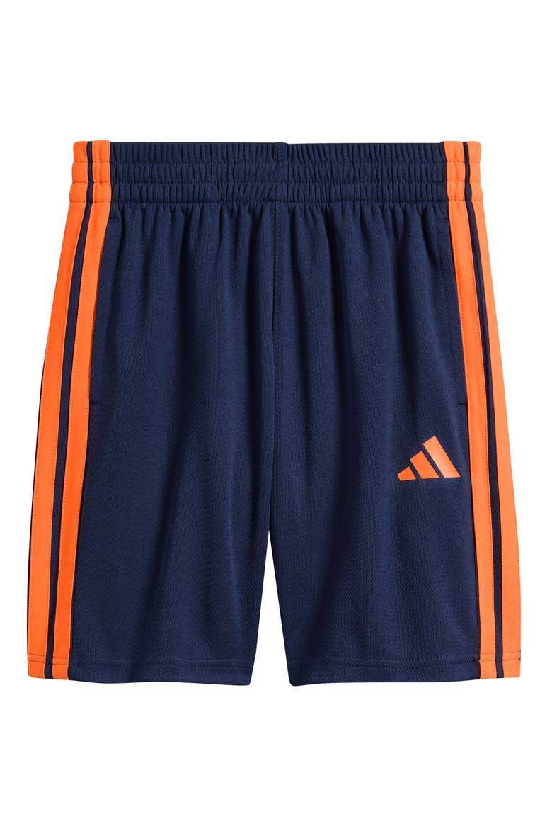 Kids' Essentials 3-Stripes Mesh Shorts, Main, color, NAVY/ BRIGHT ORANGE
