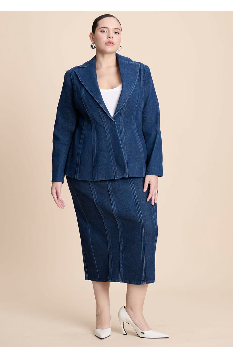 ELOQUII Seamed Denim Peplum Blazer, Alternate, color, Medium Wash