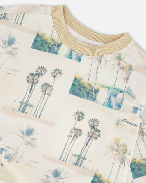 DEUX PAR DEUX DEUX PAR DEUX LITTLE BOY'S PRINTED PULLOVER SWEATSHIRT BEIGE PALM TREE AND TEAL 