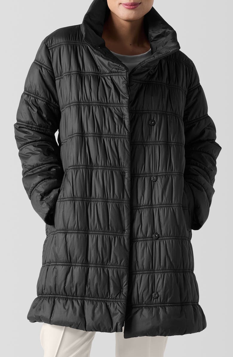 Eileen Fisher High Collar Ruched Puffer Coat, Main, color, Black