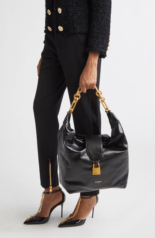 Balmain Sync Leather Hobo Bag In Black