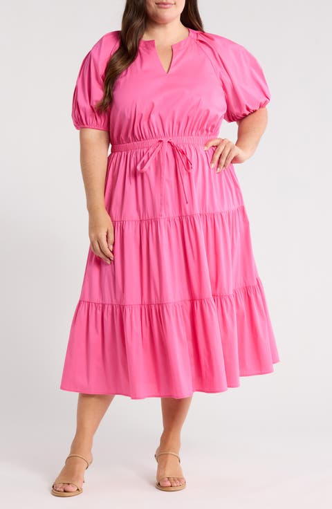 Tiered Puff Sleeve Midi Dress (Plus)