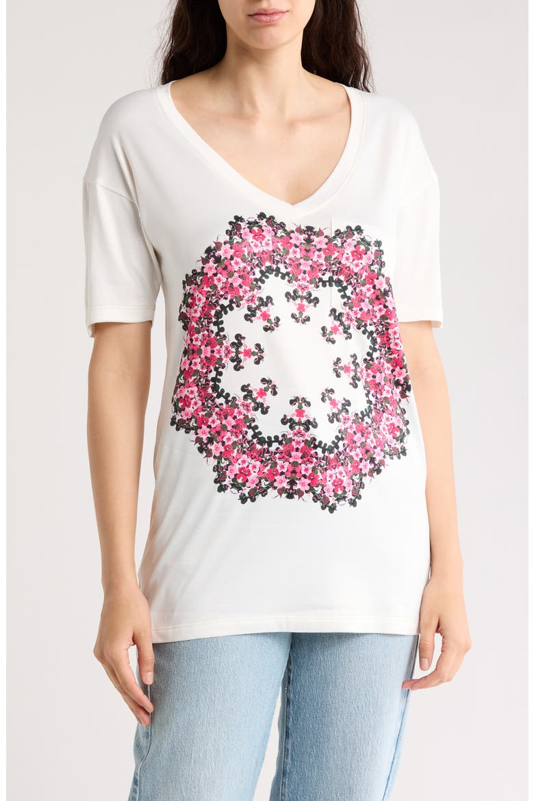 V-Neck Pocket T-Shirt, Main, color, WHITE PINK FLORAL WREATH PRINT
