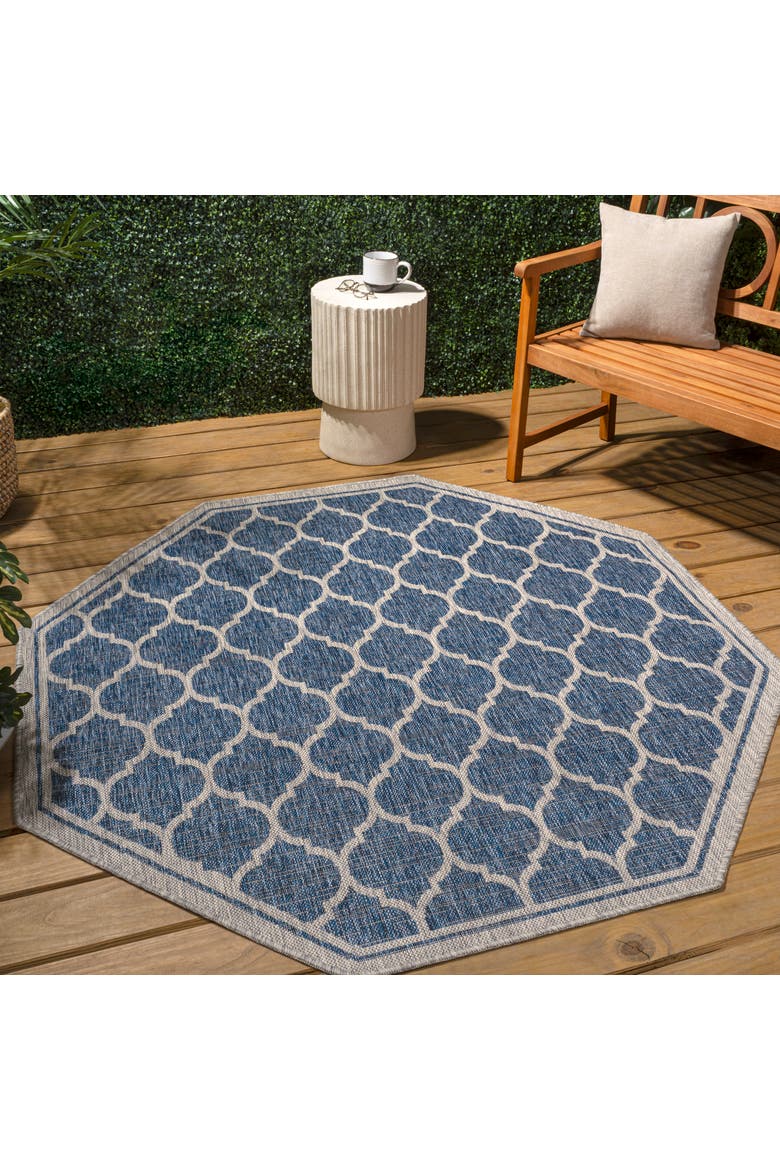 Trebol Moroccan Trellis Textured Weave Octagon Indoor/Outdoor Area Rug, Alternate, color, Navy/Gray