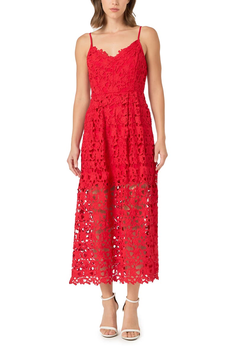 Lace Spaghetti Strap Midi Dress, Alternate, color, RED