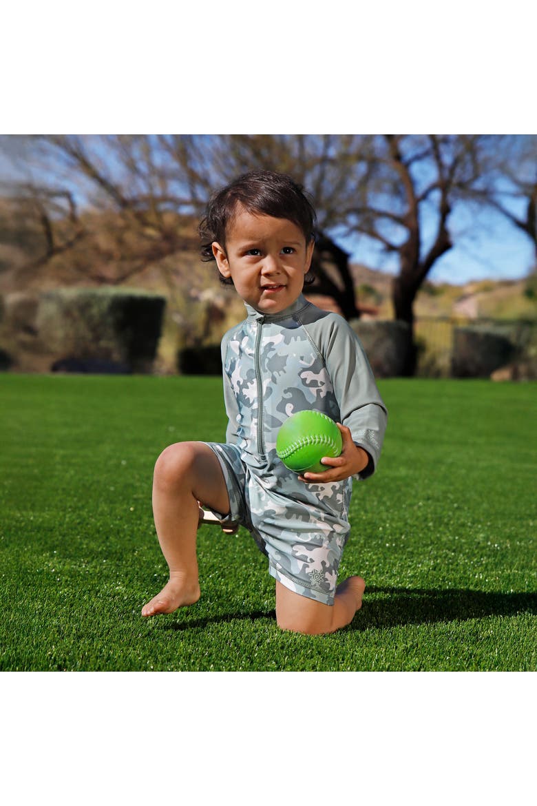 Long Sleeve Swim Romper, Alternate, color, Camo Dinos