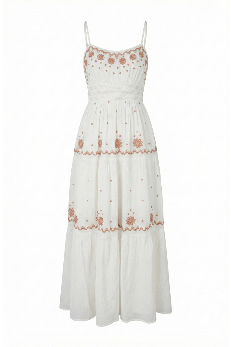 Embroidered Tiered Maxi Dress, Alternate, color, White / Brown Embroidery