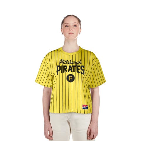 Women's New Era  Gold Pittsburgh Pirates City Connect Multiplier Pinstripe Cropped T-Shirt
