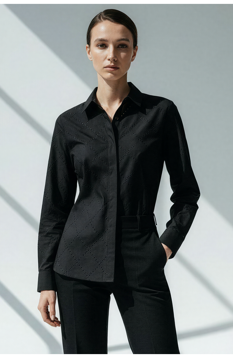 Exquise Stone Pattern Pocketless Long Sleeve Cotton Shirt, Main, color, Black