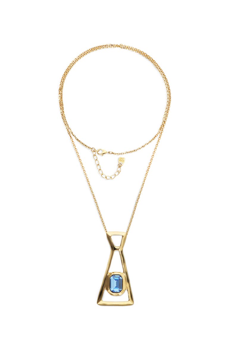 Gold-Tone Geometric Necklace with Blue Crystal, Main, color, Gold