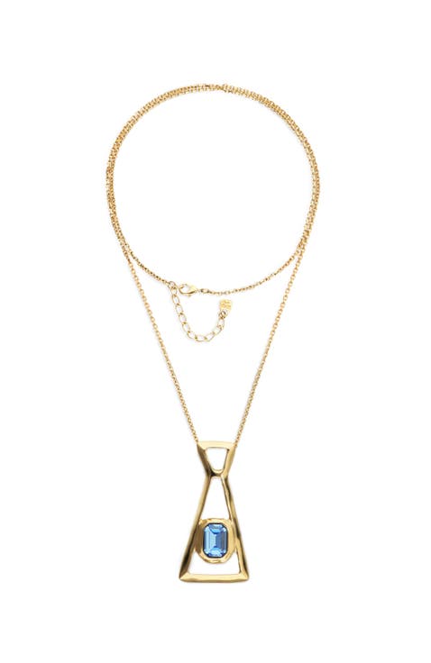 Gold-Tone Geometric Necklace with Blue Crystal