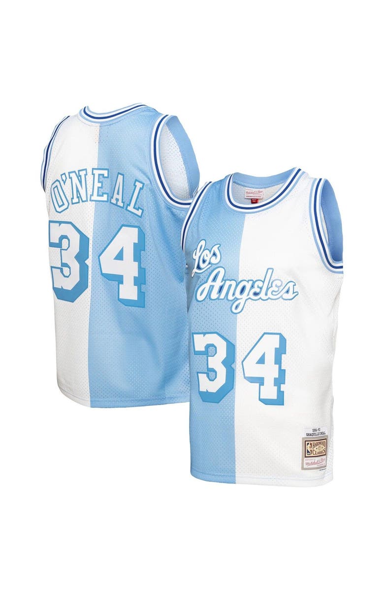 Mitchell & Ness Men's Mitchell & Ness Shaquille O'Neal Powder Blue/White Los Angeles Lakers Hardwood Classics 1996/97 Split Swingman Jersey, Alternate, color, 