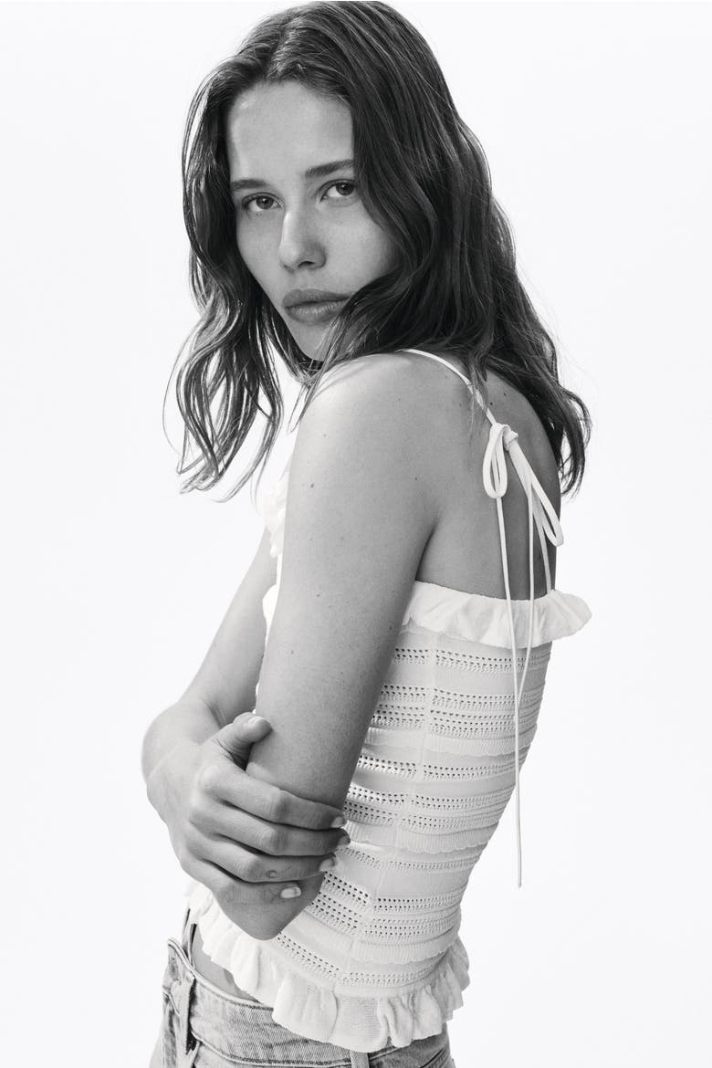 Pointelle-knit Tie-strap Top, Main, color, White
