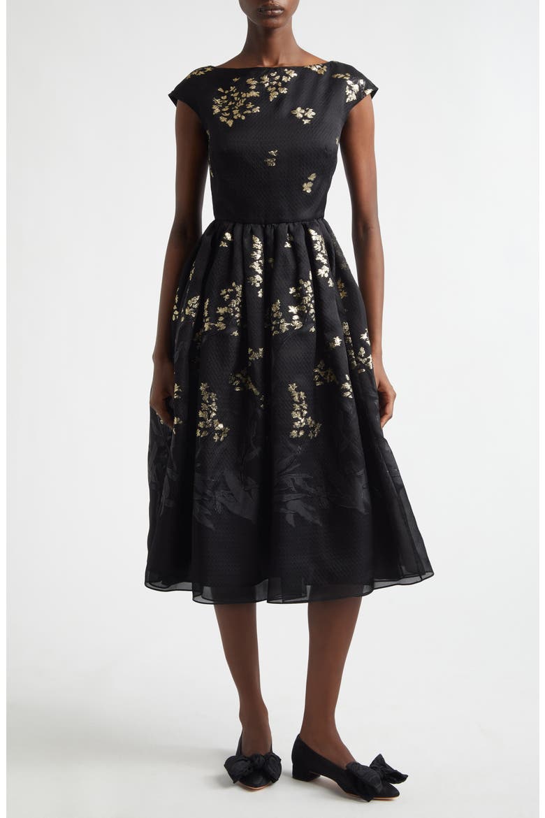 Floral Brocade Cap Sleeve Midi Dress, Main, color, BLACK