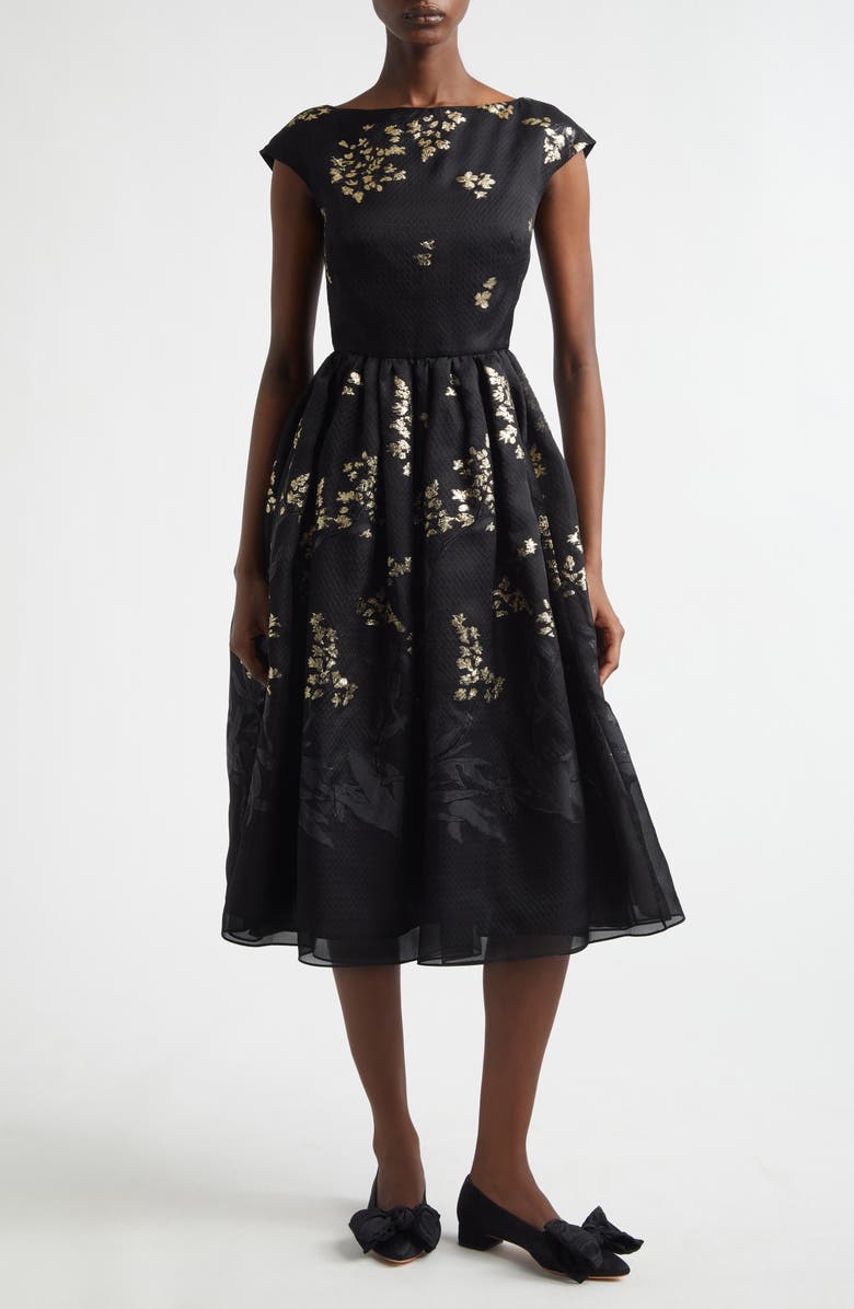 Erdem Floral Brocade Cap Sleeve Midi Dress, Main, color, Black