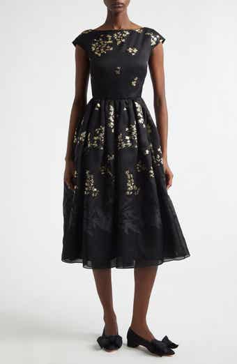 Floral Brocade Cap Sleeve Midi Dress