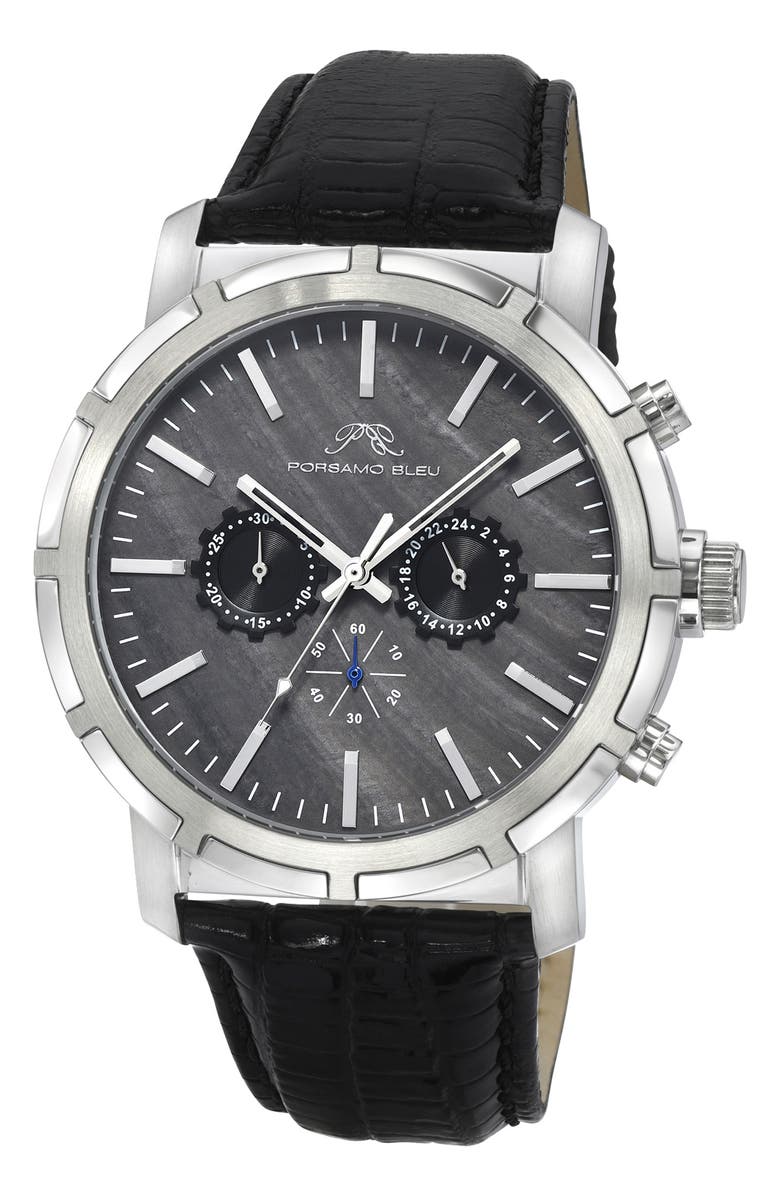 PORSAMO BLEU NYC Chronograph Leather Strap Watch, 38mm, Main, color, Black