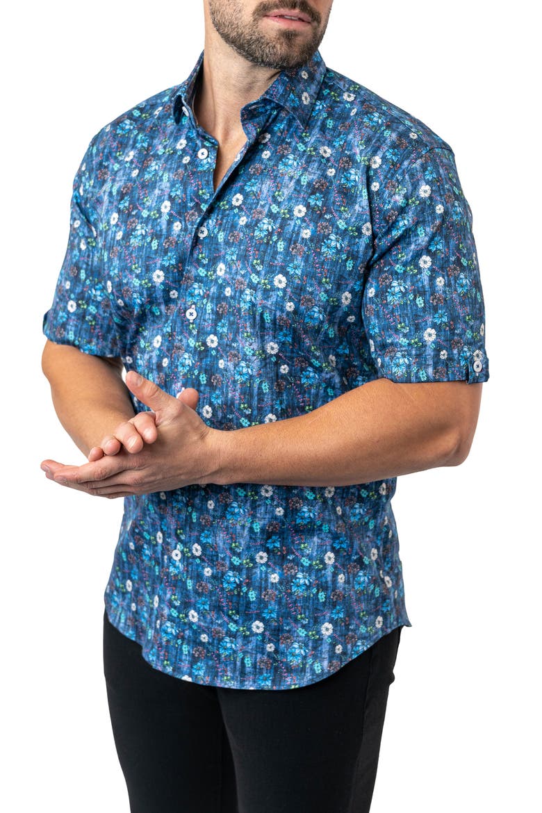 Galileo Floral 59 Blue Contemporary Fit Short Sleeve Button-Up Shirt, Alternate, color, BLUE