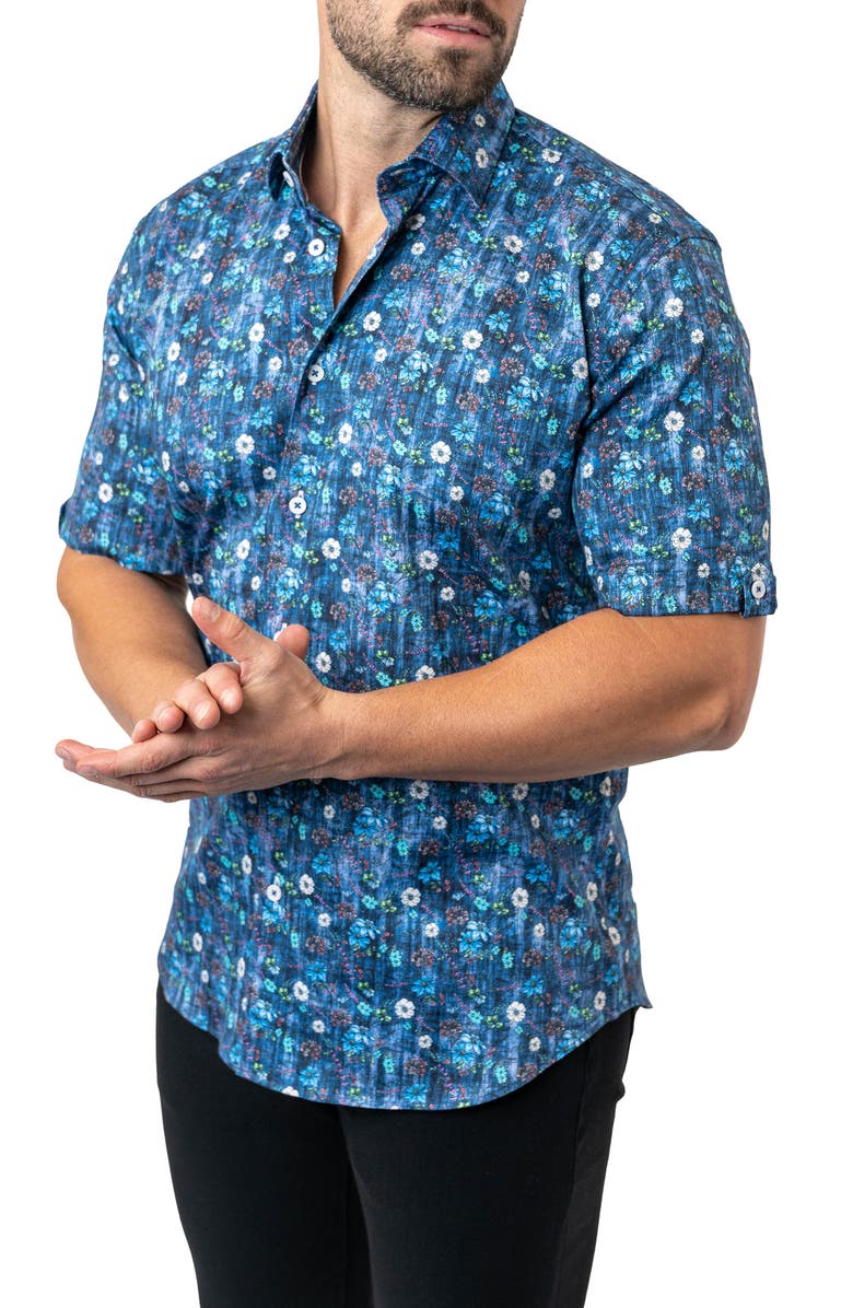 Maceoo Galileo Floral 59 Blue Contemporary Fit Short Sleeve Button-Up Shirt, Alternate, color, Blue