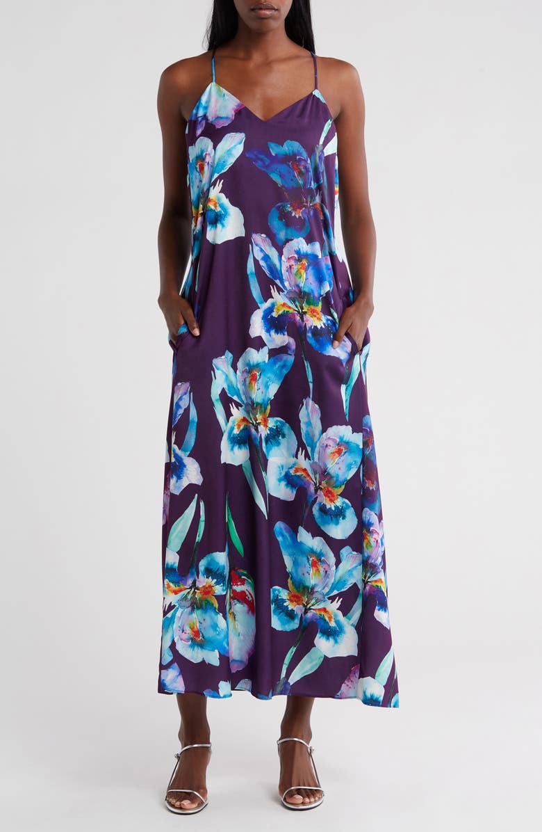 Connected Apparel Floral Print Satin Slipdress, Main, color, Plum